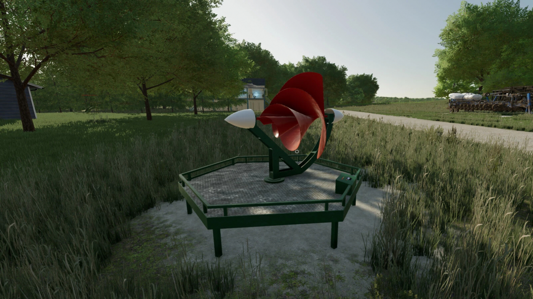 Vertical Axis Wind Turbine mod in FS25 game environment, featuring a red turbine on a metal platform, surrounded by grass and trees.