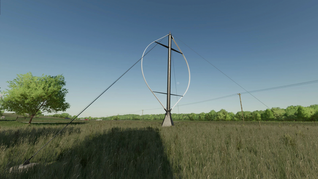 Vertical Axis Wind Turbine mod in FS25 game, showcasing a wind turbine in a grassy field.