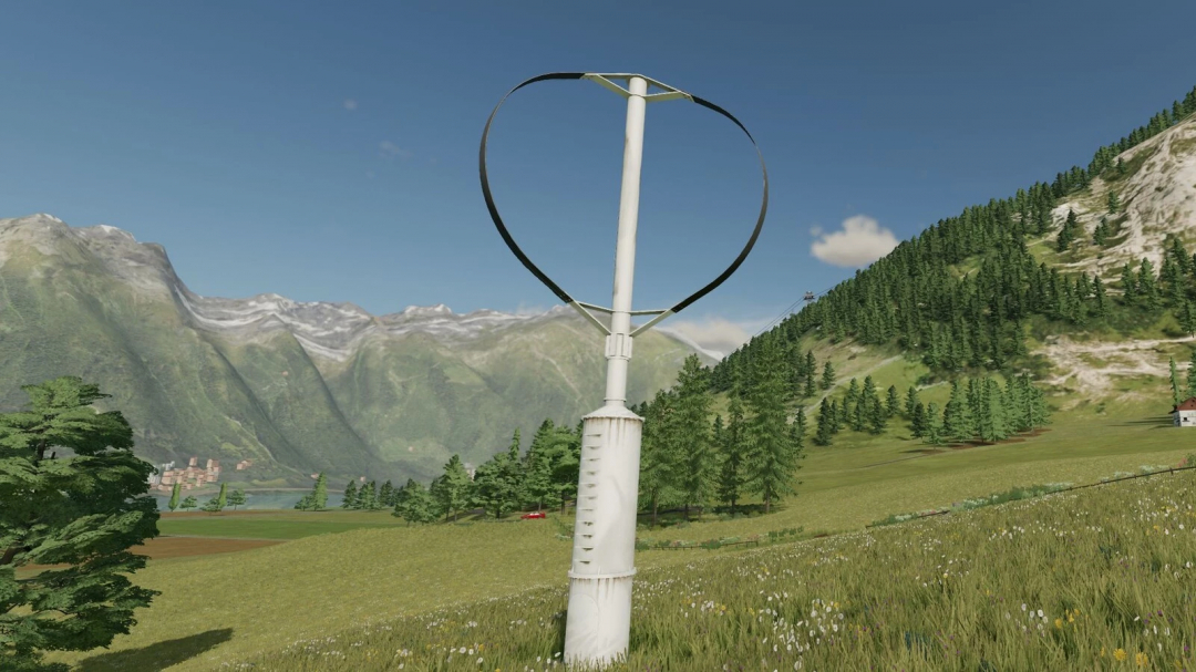 Vertical axis wind turbine in FS25 mod with mountains and forest scenery.