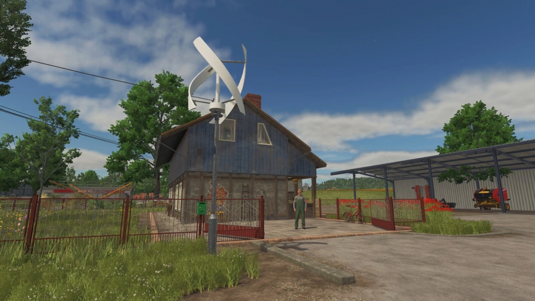 FS25 mod image showing Vertical Axis Wind Turbine beside a farmhouse, enhancing sustainable energy use in Farming Simulator 25.