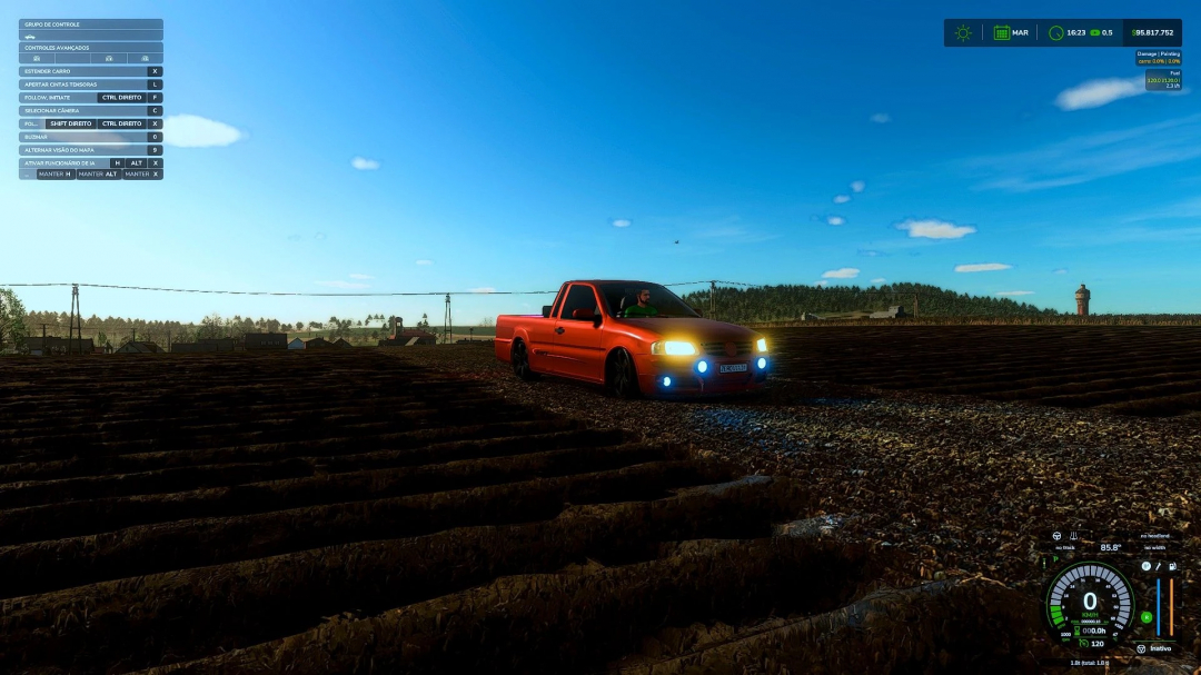 Volkswagen Saveiro G4 mod in Farming Simulator 25, driving on a plowed field.