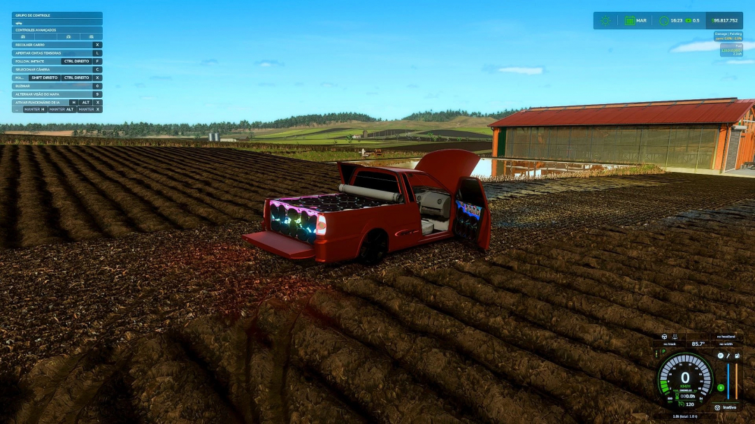 Volkswagen Saveiro G4 mod in Farming Simulator 25 on a plowed field, with an open hood and door showing car interior.