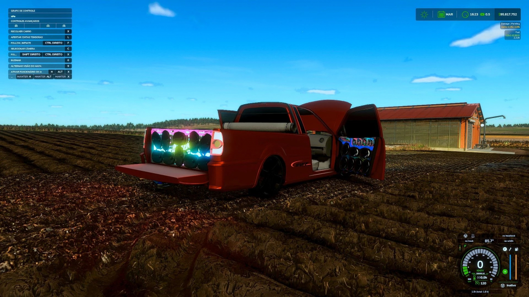 FS25 mod Volkswagen Saveiro G4 on farmland with open doors and custom speakers.