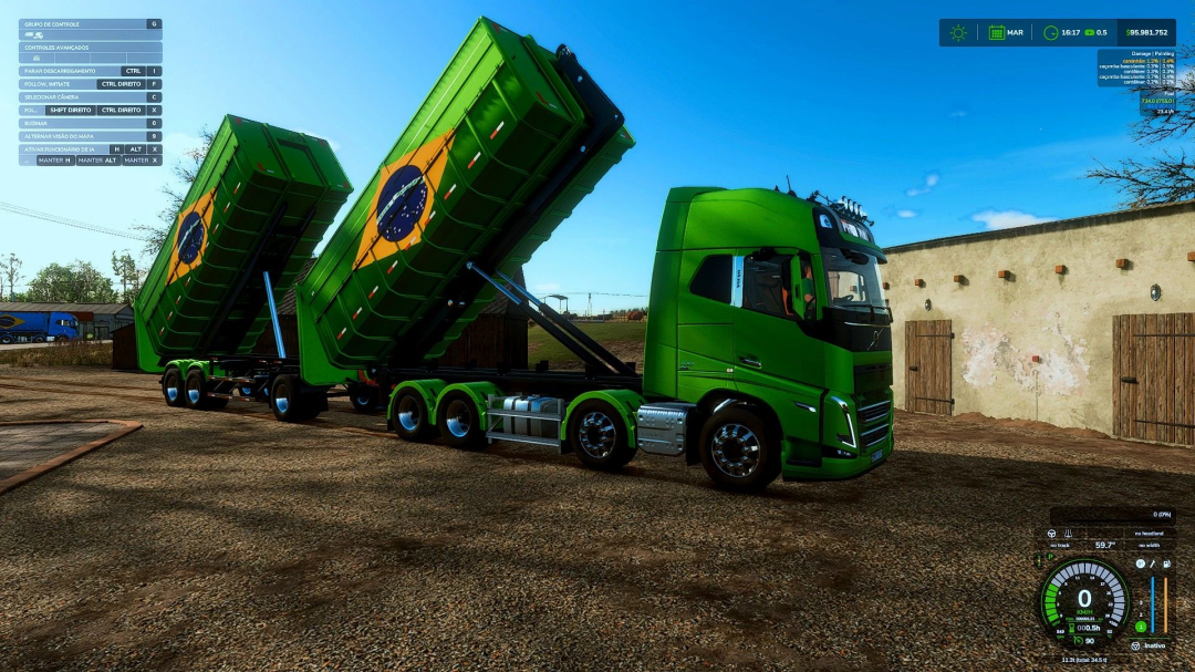 Volvo FH16 780 truck in FS25 mod with green containers featuring a Brazil flag design.