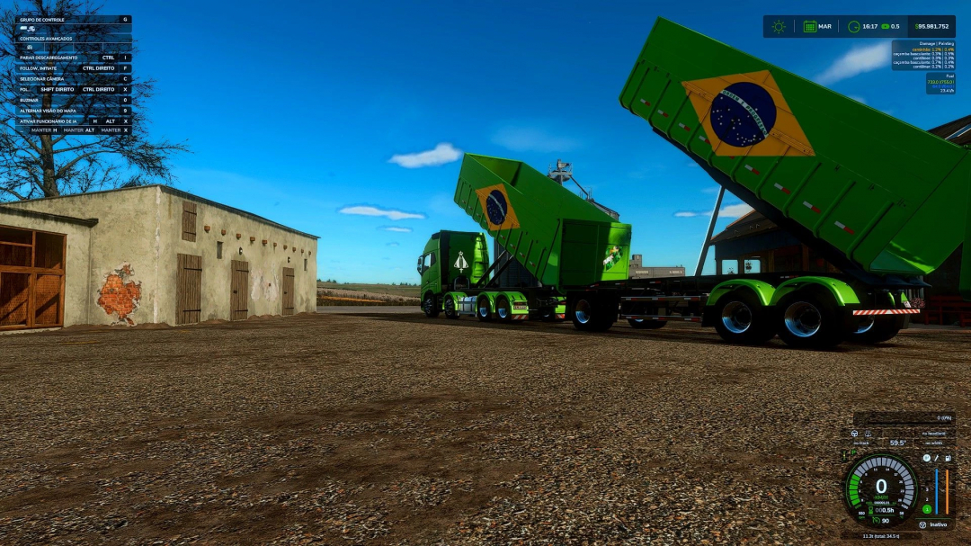 Volvo FH16 780 mod in FS25 showing green truck with Brazilian flag design and raised trailer.