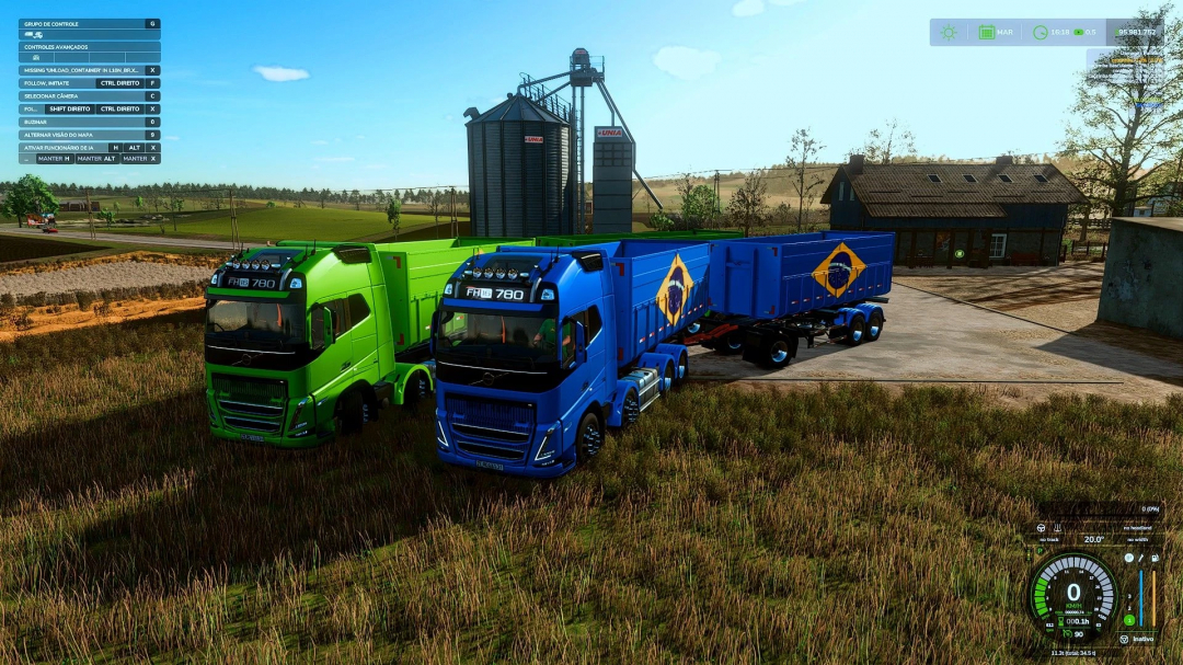 FS25 mod featuring Volvo FH16 780 trucks, green and blue, with trailers in a farm setting.