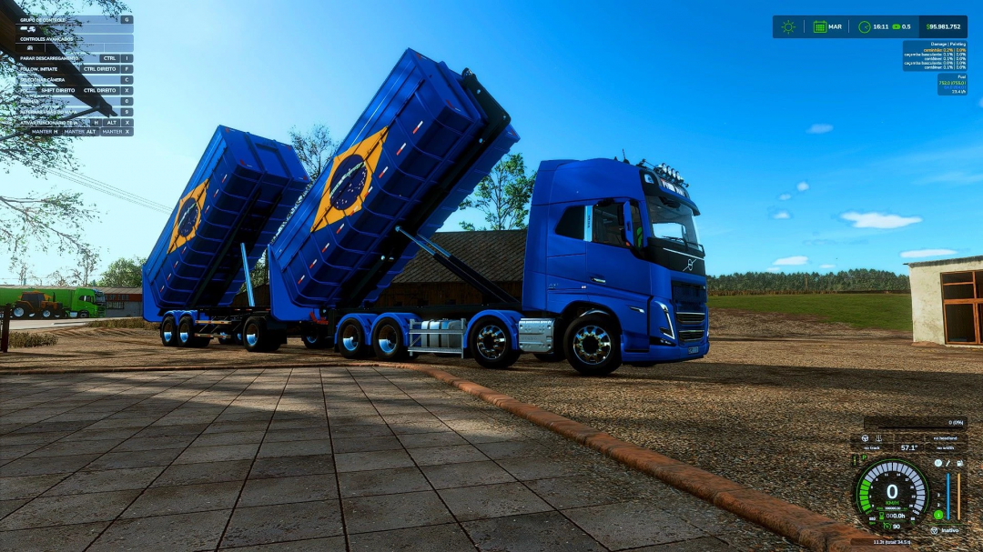 Volvo FH16 780 mod in FS25 with raised trailers and Brazil flag design.