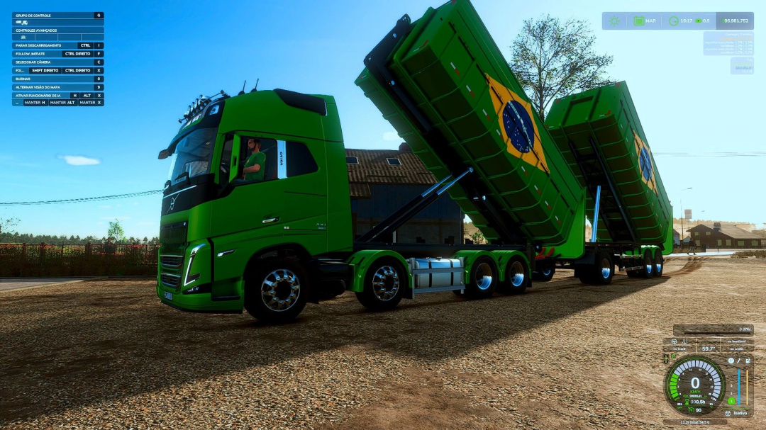 Volvo FH16 780 truck mod in FS25 with green color and Brazilian flag, showcasing trailer unloading.