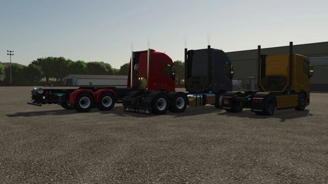 Three Volvo FH16 trucks in various colors parked in Farming Simulator 25, showcasing FS25 mods.