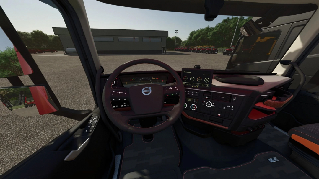 Interior view of Volvo FH16 truck mod in Farming Simulator 25, showcasing detailed dashboard and controls. FS25 mods enhance gameplay realism.