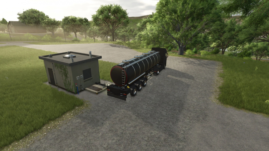 FS25 mod Water House v1.0.0.0 showing a water facility and tanker truck in a lush environment.