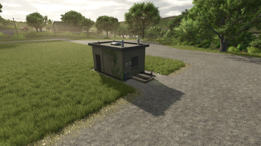 FS25 mod Water House v1.0.0.0 showing a small building on a grassy field in Farming Simulator 25.