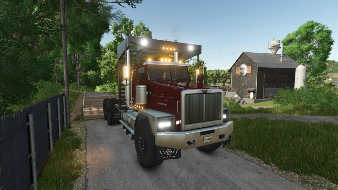 Western Star SB truck mod in FS25, parked on a rural road near a barn. Farming Simulator 25 mods.