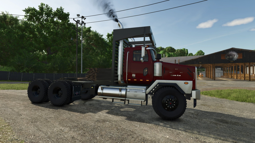 Western Star SB truck mod in Farming Simulator 25, parked on gravel near a wood workshop.