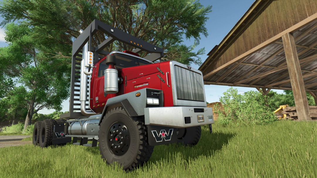 Western Star SB truck mod in red for FS25, parked near a wooden structure in a grassy area.