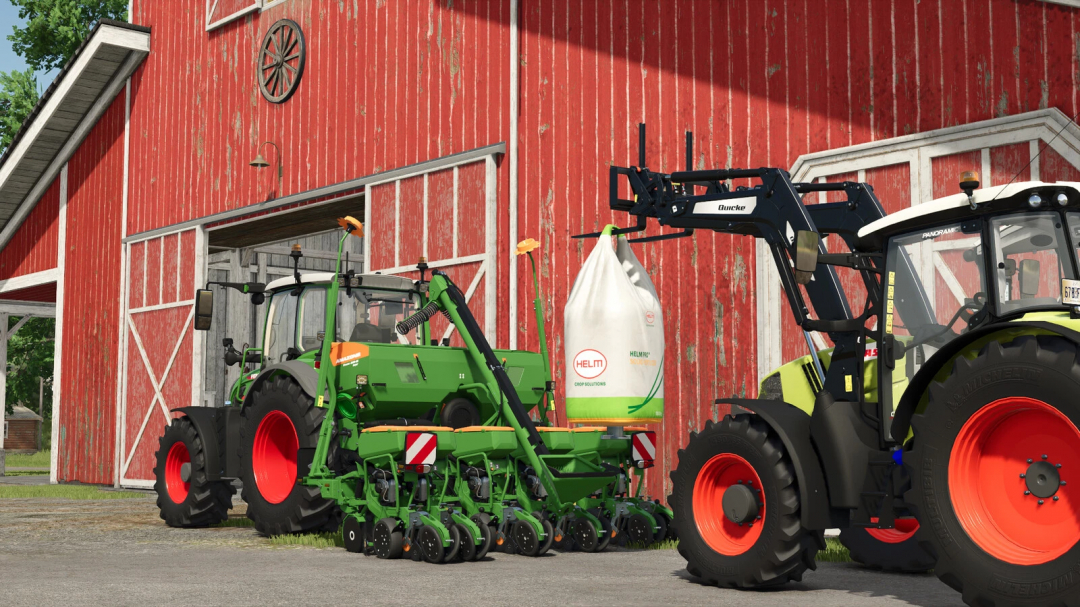 Tractors with Ålö Frontloader Tools mod in FS25, lifting a large bag near a red barn.