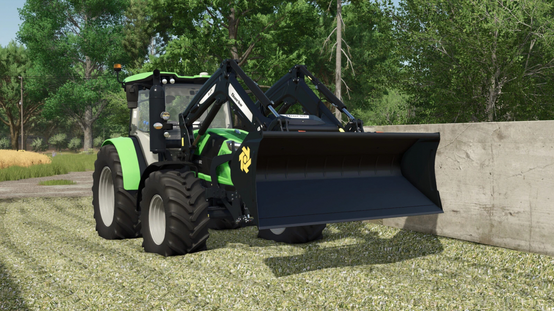 FS25 Ålö Frontloader Tools mod showcasing a tractor with a front loader on a farm.