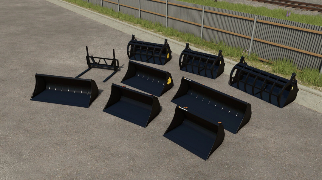 Ålö Frontloader Tools v1.0.0.0 mod for FS25 showing various attachments like buckets and forks.