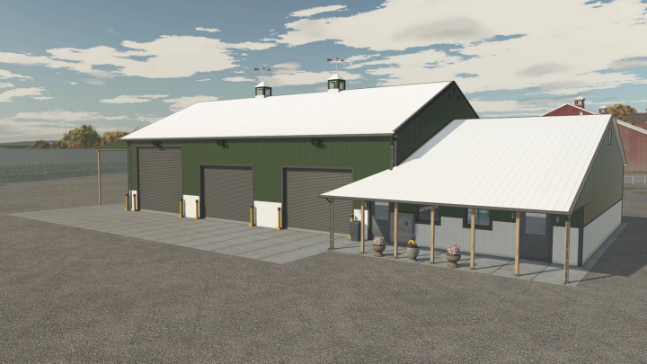 fs25-mods,  3 Stars Garage mod for FS25 features a large green building with three garage doors. Ideal for enhancing your Farming Simulator 25 gameplay.