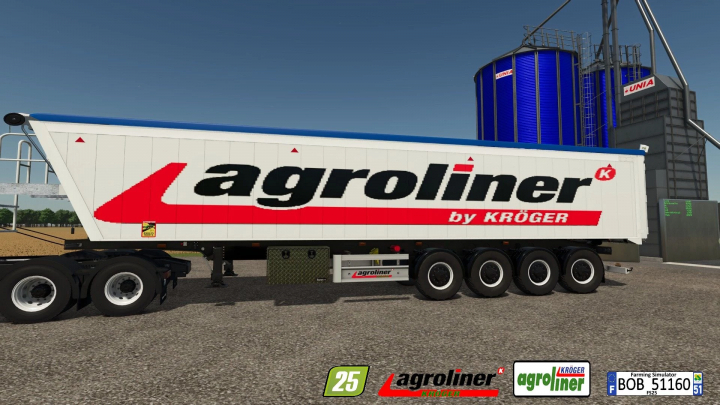 fs25-mods,  Agroliner trailer mod for Farming Simulator 25, showcasing a white trailer with red branding by Kröger, near silos.