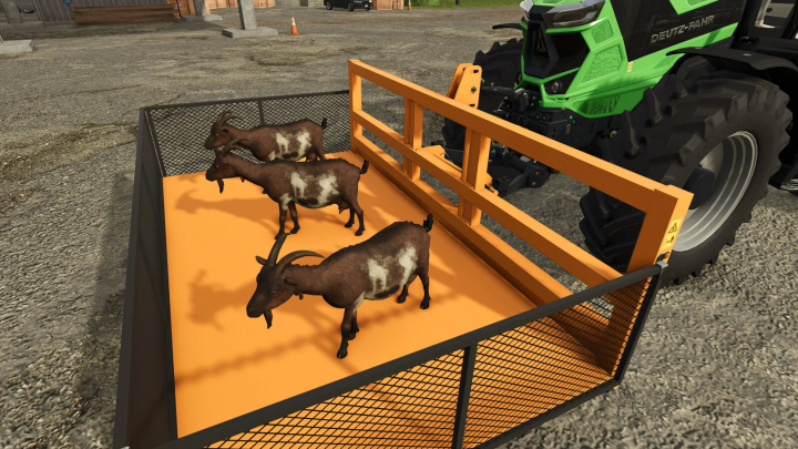 fs25-mods,  FS25 mod All Purpose Tool v1.0.0.0 transporting goats in an orange trailer attached to a tractor.