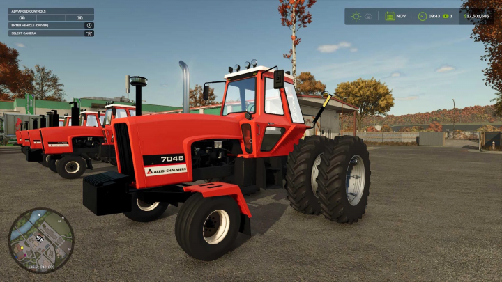 fs25-mods,  Allis Chalmers 7000 Series tractor in FS25 mod, showcasing red body and large tires, set in a farming simulation environment.