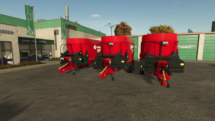 fs25-mods, Three red Anderson Group A700 feed mixers in FS25 mod at Axle's Tractor Center.