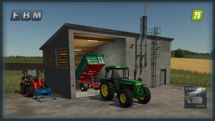 fs25-mods, FS25 mod image of Biomass Power Plant v1.0.0.0 showing a tractor and trailer near the plant building.