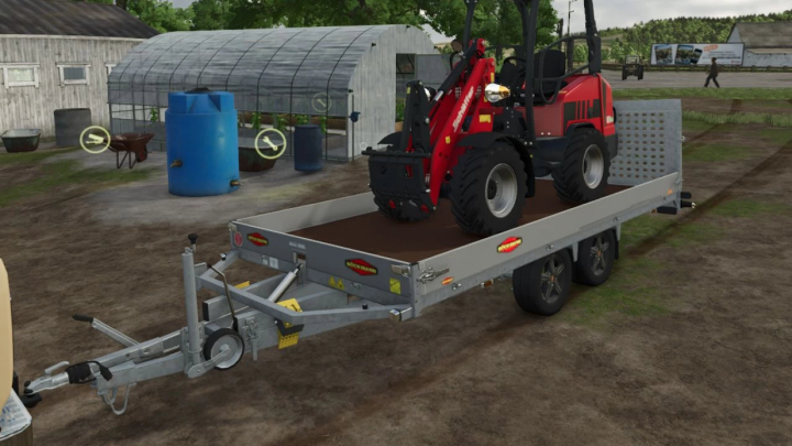 fs25-mods,  FS25 mod Boeckmann MH-AL-4320 trailer with equipment loaded in Farming Simulator 25 setting.