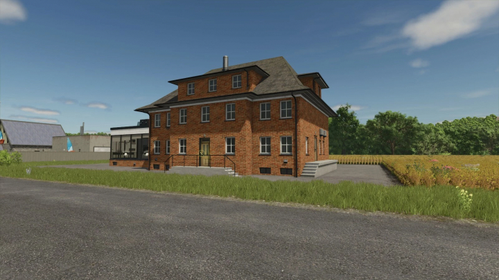 fs25-mods,  Butter Co. Factory mod in Farming Simulator 25, showing brick building with fields and trees.