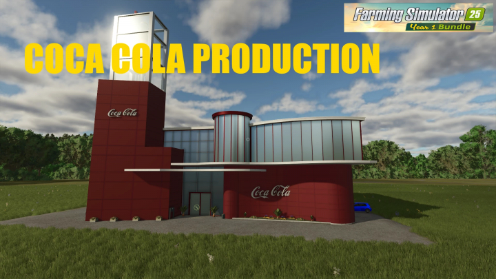 fs25-mods,  Coca Cola production building in FS25 mod, Farming Simulator 25 mods in a grassy area.