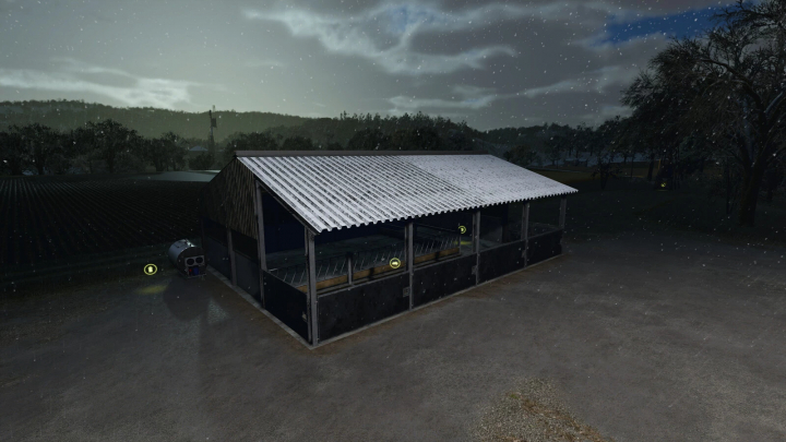 fs25-mods, Calf Barn FS25 mod with snowfall in Farming Simulator 25.