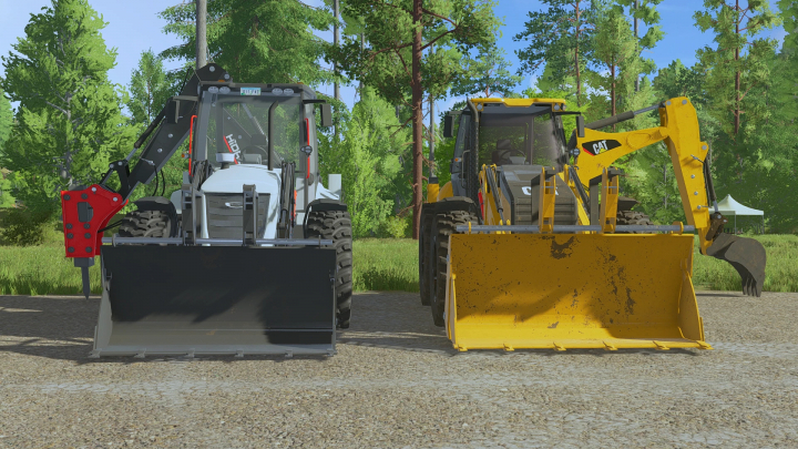 fs22-mods, Two Cat backhoe loaders from the Cat Backhoe 428-444 Pack mod in FS22, displayed in a forest setting.