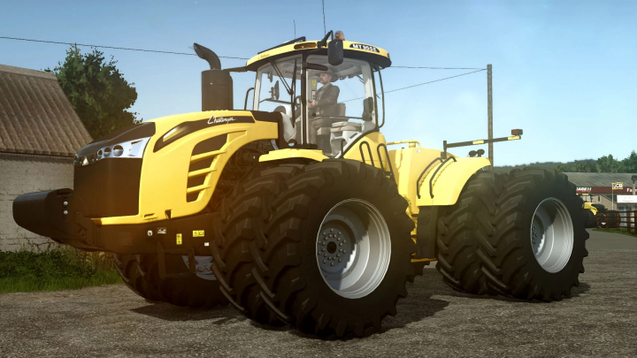 fs25-mods, FS25 mod Challenger MT900E tractor in yellow, featuring large dual tires and cabin, showcased in Farming Simulator 25.