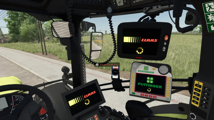 fs25-mods, FS25 mod Claas AXION 870-800 cockpit view showing control monitors, dashboard, and road scenery.