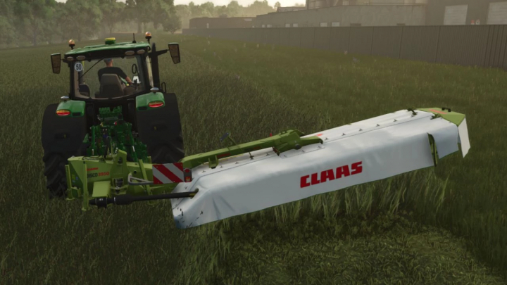 fs25-mods,  FS25 mod Claas Disco 3900 v1.0.0.0 attached to tractor, mowing grass field in Farming Simulator 25.