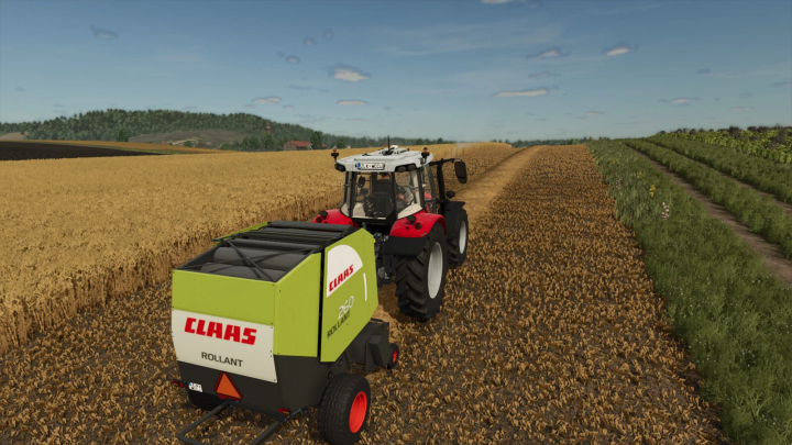 fs25-mods,  Claas Rollant 66/260 mod in Farming Simulator 25, showing a tractor in a wheat field.