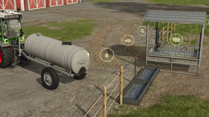 fs25-mods, FS25 Classic Barrel mod featuring a water trailer near a feeding station.