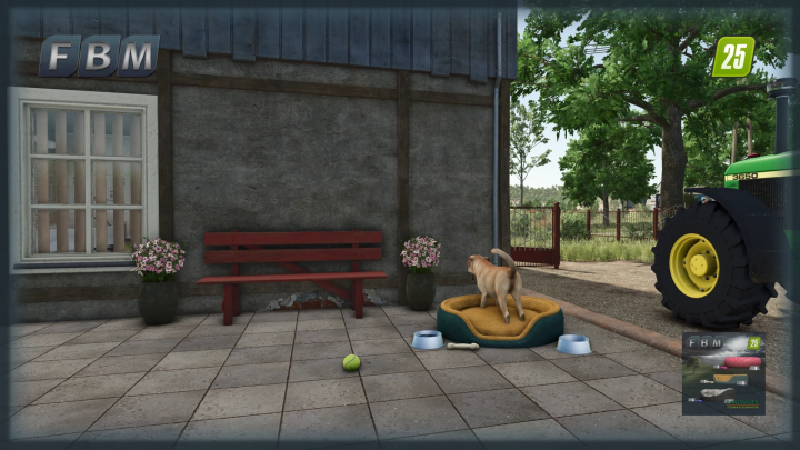 fs25-mods,  FS25 Dog Bed Package mod with a dog on a bed beside a farmhouse, visible tractor tire, and garden scenery.