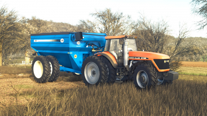 fs25-mods,  FS25 875 Grain Cart mod showcasing a blue cart and orange tractor in Farming Simulator 25.