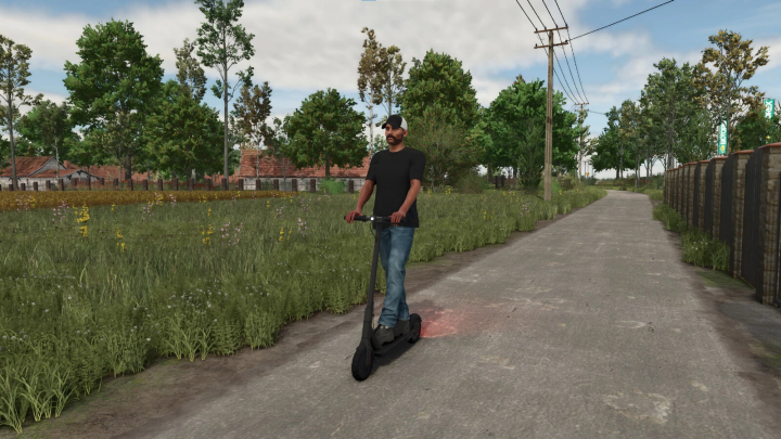 fs25-mods,  Character riding a scooter on a rural path in FS25 mod, showcasing open countryside and trees.