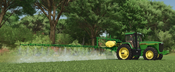 fs25-mods,  FS25 Sheppard Sprayer v1.0.0.0 mod in Farming Simulator 25, depicting a green tractor spraying crops in a lush forest area.