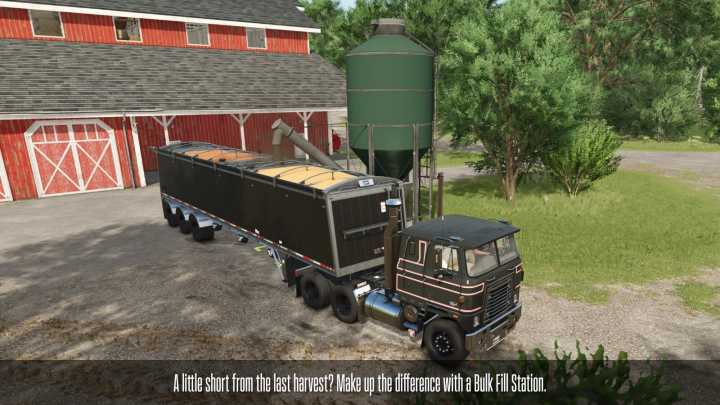 fs25-mods,  FS25 mod Farm Fill Stations v1.0.0.0 with a truck and trailer near a barn and silo.