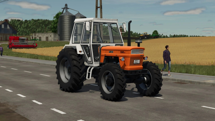 fs25-mods,  Fiat 1300 DT tractor mod in FS25 on a rural road next to a field.