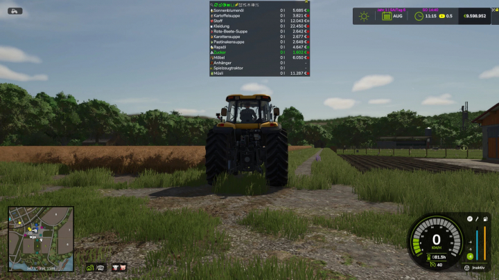 fs25-mods,  FS25 mods: Display of product prices and amounts in Farming Simulator 25 with tractor on farm field.