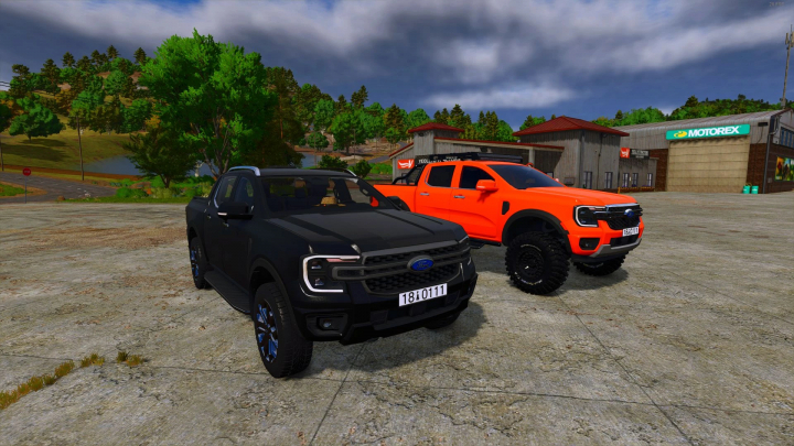 fs25-mods,  FS25 mods Ford Ranger 2025 Limited Edition in black and orange on farm landscape