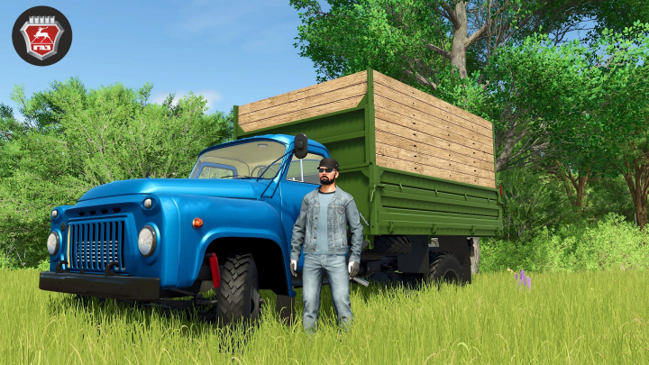 fs25-mods,  FS25 mod GAZ 52/53 v1.2.0.0 featuring a blue truck and character in a forest setting.