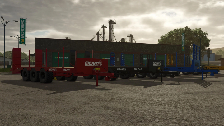 fs25-mods,  Gigant ML Low Loader Pack in FS25 features various colored trailers lined up, ideal for transporting heavy machinery.