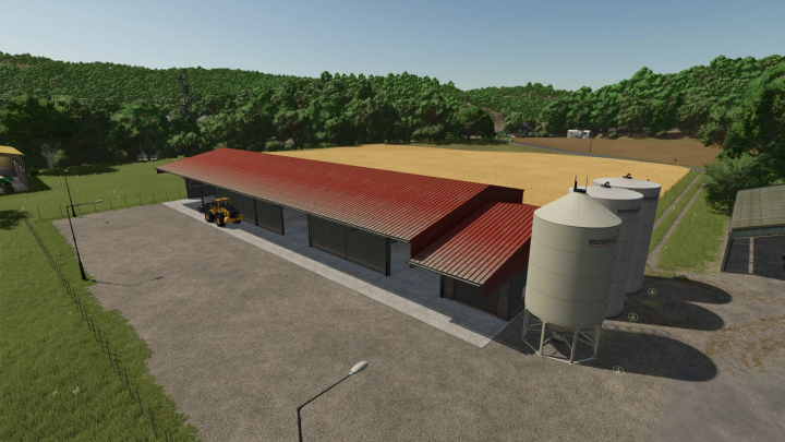 fs25-mods,  Grain Hall v1.0.0.0 mod in Farming Simulator 25 showing red-roofed building and silos in a rural setting.