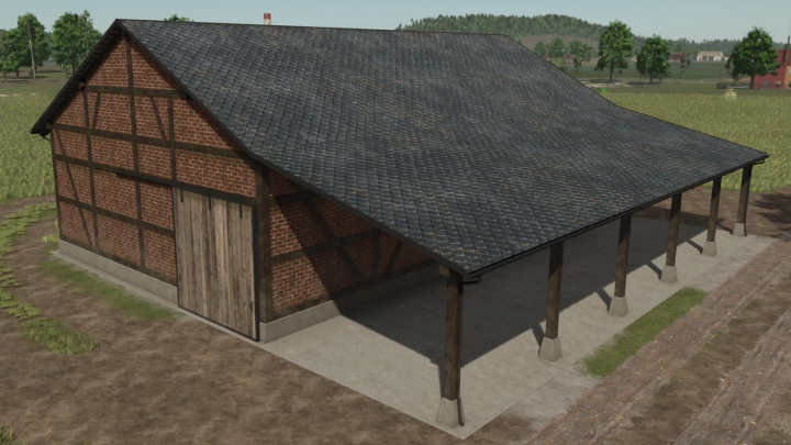 fs25-mods, Half-timbered barn in FS25 mod, showcasing wooden beams and brick walls. Perfect for Farming Simulator 25 mods enthusiasts.